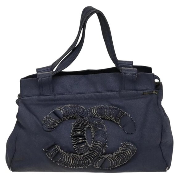 CHANEL COCO Mark Tote Bag Coated Canvas Blue CC Auth - Picture 1 of 16